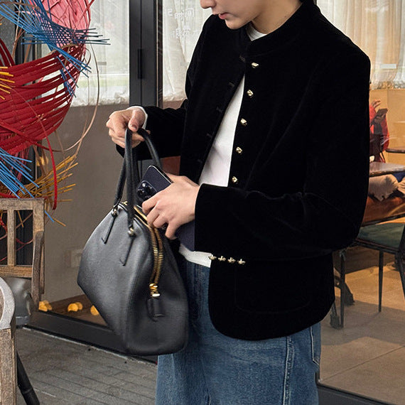 Women's Elegant Velvet Jacket with Button Placket Drune
