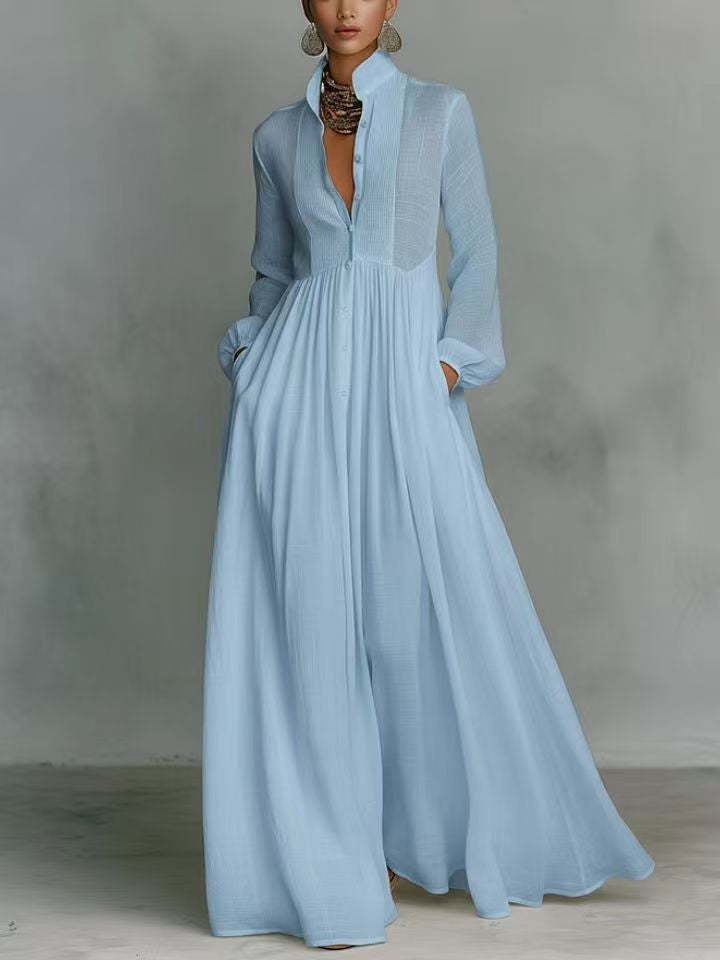 Women’s maxi dress with stand-up collar, button placket, and side pockets Mune Fashion