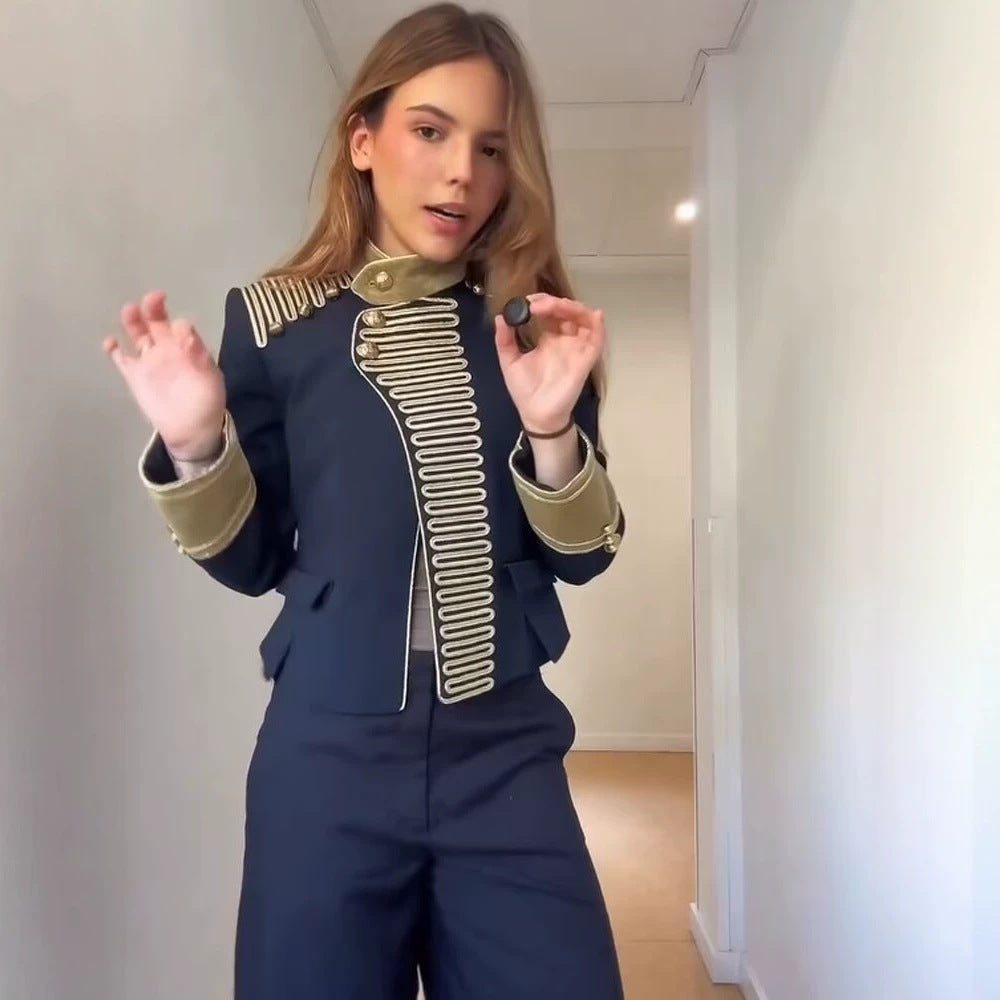 Women Military-inspired Short Gala Jacket with Gold Decoration Mune Fashion