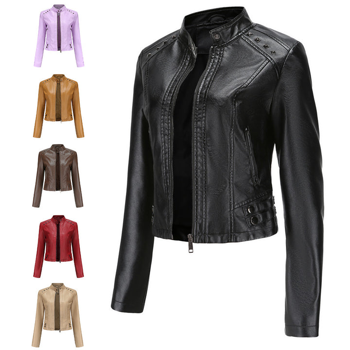 Women's short fitted faux leather jacket with studded detailing and stand-up collar Mune Fashion