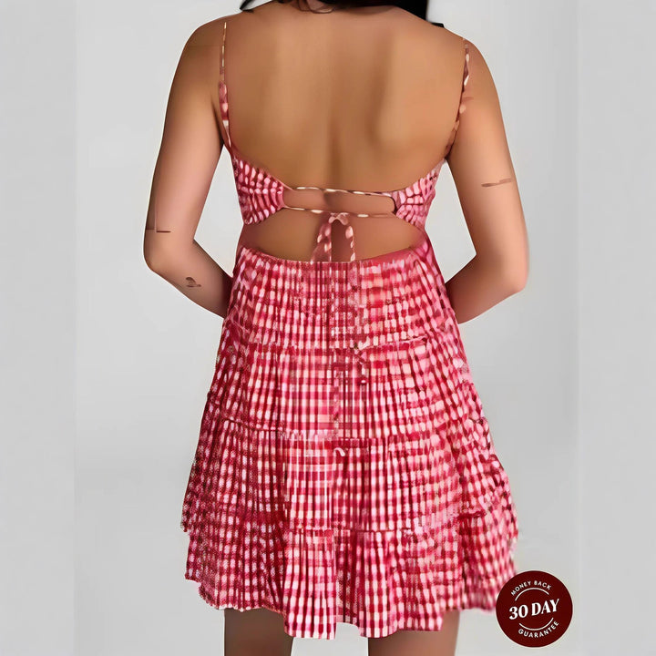 Women's airy checkered strap dress with heart-shaped neckline and tiered ruffle skirt Mune Fashion