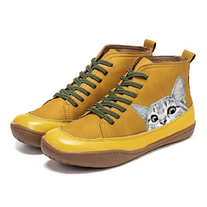 Women's ankle-high sneakers with cute cat motif embroidery and ergonomic comfort insole Mune Fashion