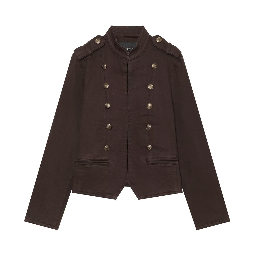 Women's Short Military Jacket in Double-Breasted Style with Stand-Up Collar and Epaulettes Mune Fashion