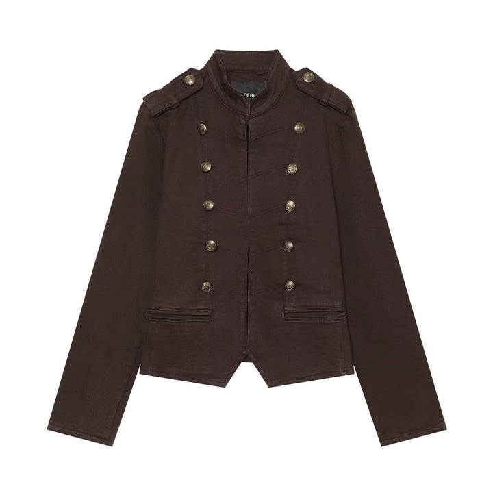Women's Short Military Jacket in Double-Breasted Style with Stand-Up Collar and Epaulettes Mune Fashion