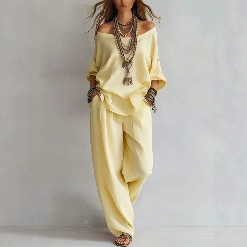 Women's Casual Lightweight Lounge Set with Off-the-Shoulder Neckline and Palazzo Pants Mune Fashion