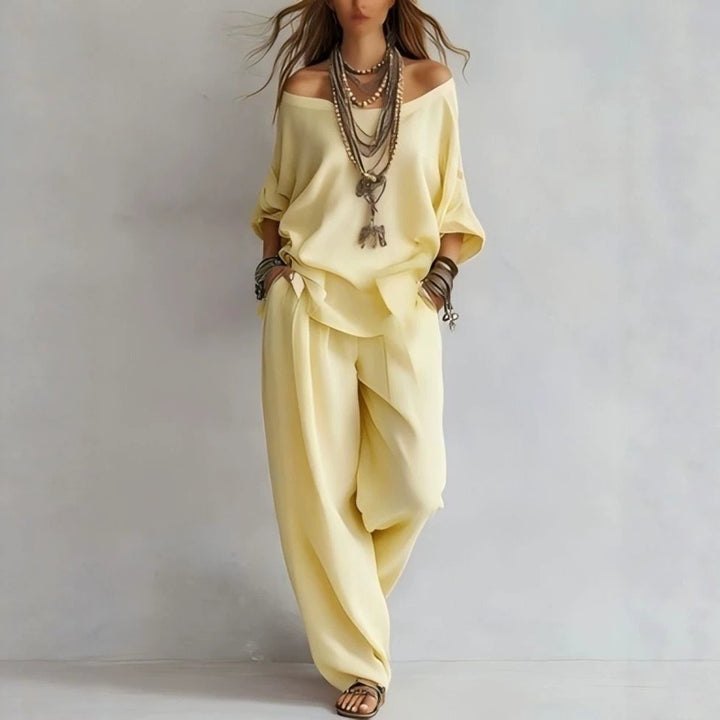 Women's Casual Lightweight Lounge Set with Off-the-Shoulder Neckline and Palazzo Pants Mune Fashion