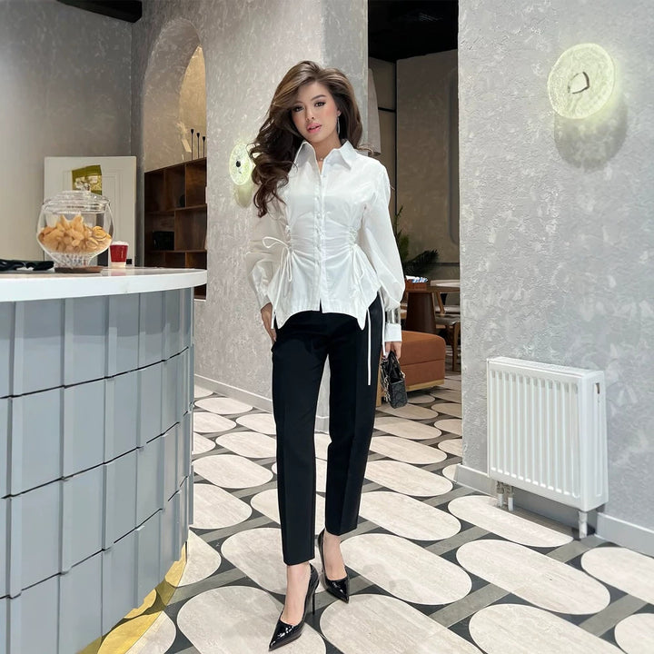Women's Tailored Shirt Blouse with Drawstring Waist & Extra Long Cuffs Mune Fashion