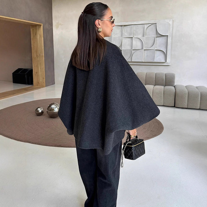 Women's Short Wool Blend Cape Jacket with Oversized Trumpet Sleeves Mune Fashion