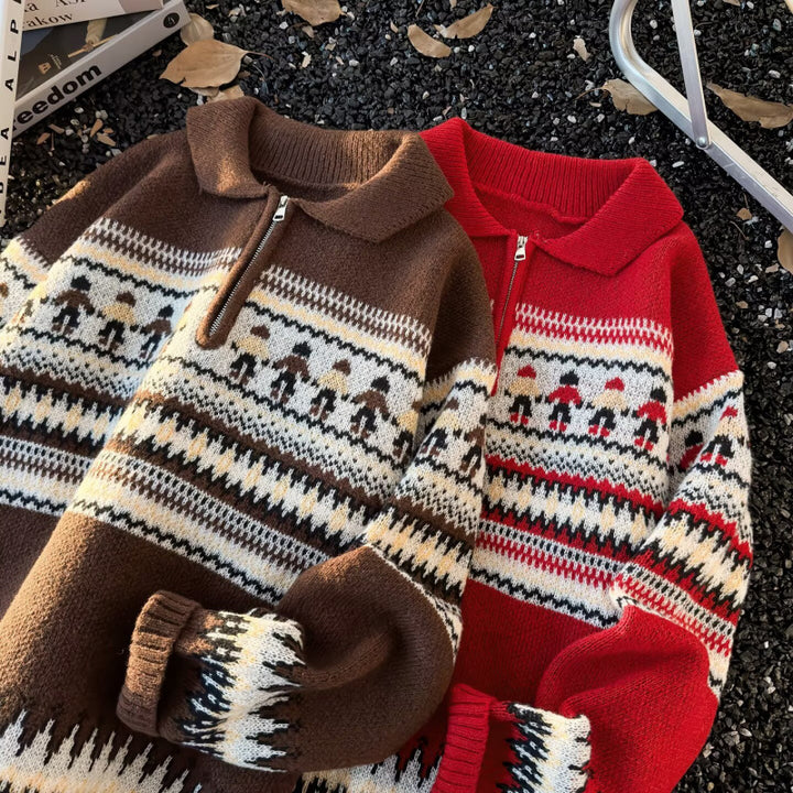 Women's Jacquard Half-Zip Sweater with Polo Collar and Norwegian Intarsia Mune Fashion