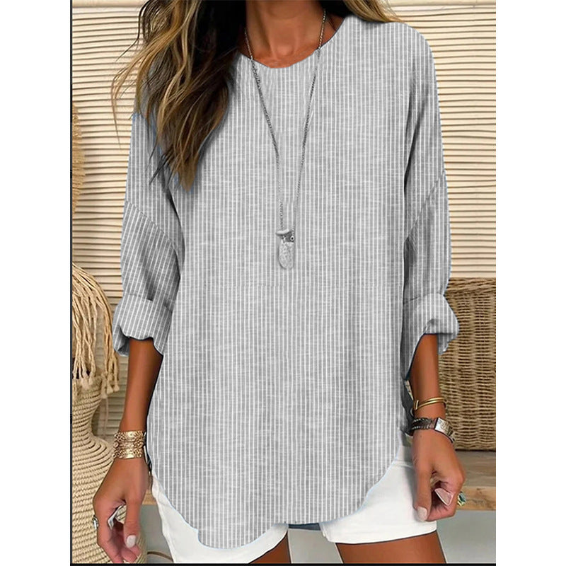 Women Casual Linen Look Long Blouse with Fine Stripes Mune Fashion