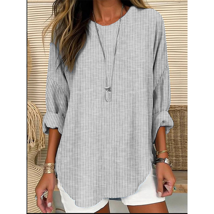 Women Casual Linen Look Long Blouse with Fine Stripes Mune Fashion