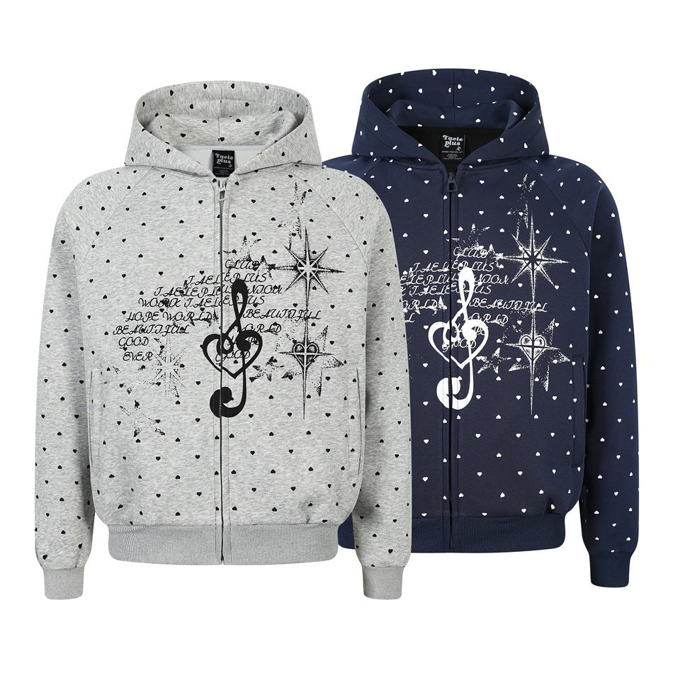 Women's zip hoodie in heart all-over with treble clef print and kangaroo pockets Mune Fashion