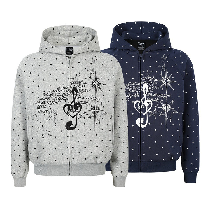Women's zip hoodie in heart all-over with treble clef print and kangaroo pockets Mune Fashion