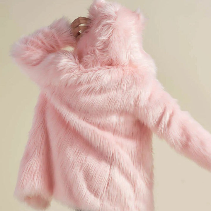 Women's Longer Hooded Faux Fur Coat with Animal Ears and Fluffy High Pile Mune Fashion