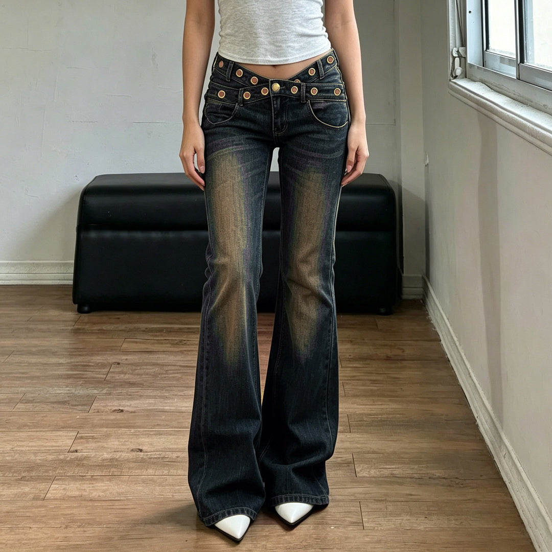 Women High-Waist Flared Jeans with Double Studded Waistband and Used Effect Mune Fashion