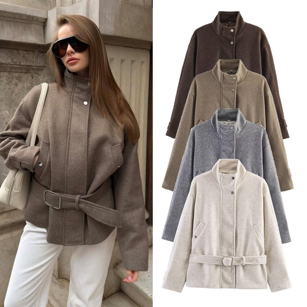 Women's Boxy Wool Jacket with Stand-Up Collar, Concealed Snap Button Placket and D-Ring Waist Belt Mune Fashion