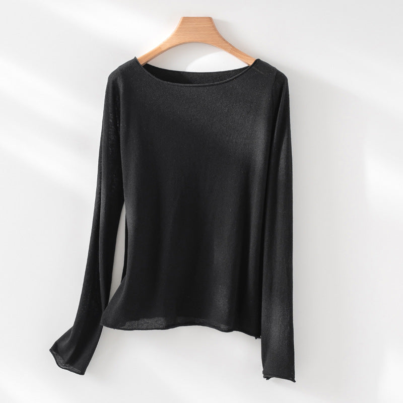Women's Long Sleeve Fine Knit Shirt with Boat Neck and Light Draping Mune Fashion