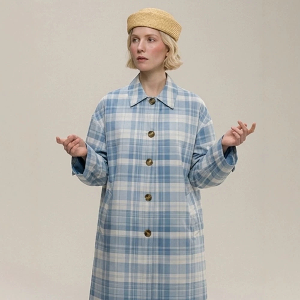 Women's Checked Lightweight Trench Coat with Mid-Length Oversized Silhouette Mune Fashion