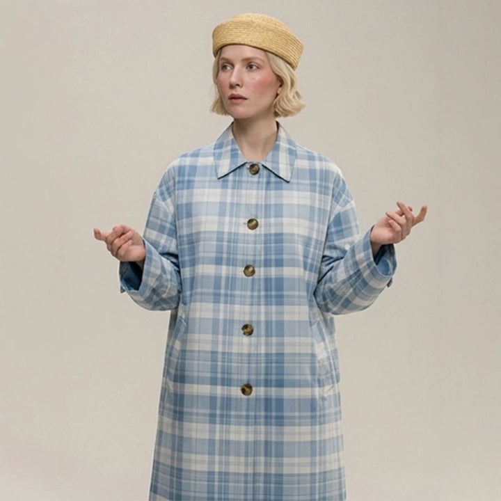 Women's Checked Lightweight Trench Coat with Mid-Length Oversized Silhouette Mune Fashion