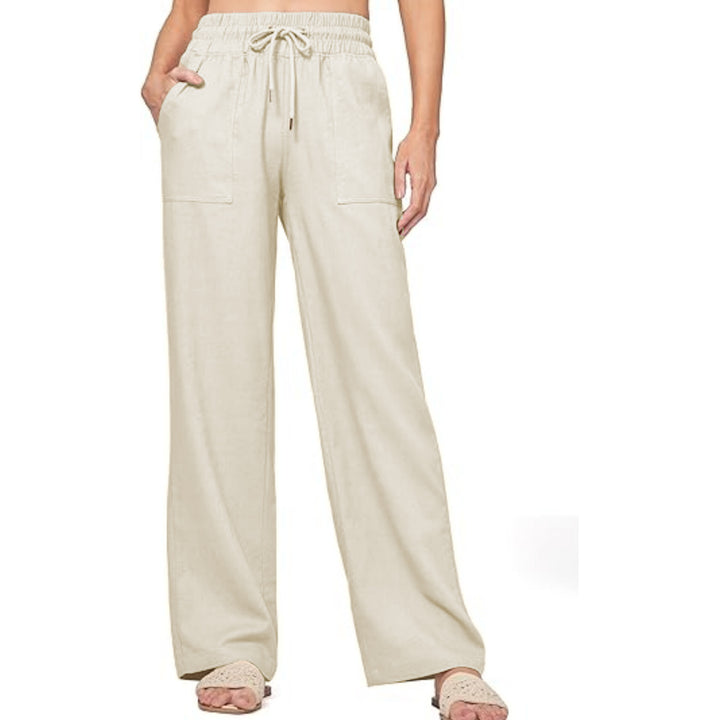 Women's wide loungewear pants with high elastic waistband drawstring side pockets and relaxed palazzo fit Mune Fashion