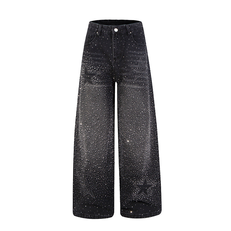 Women wide high-cut palazzo jeans with glitter effect and vintage wash Mune Fashion