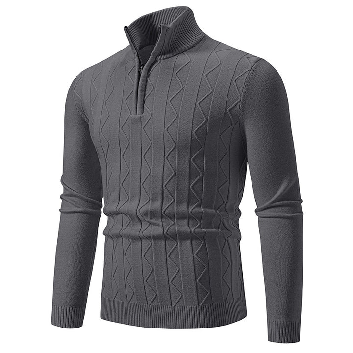 Men Slim-Fit Half-Zip Knit Sweater with Mock Neck, Cable Knit Pattern and Ribbed Cuffs Mune Fashion