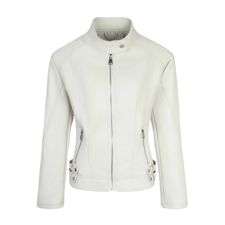 Women Fashionable Faux Leather Jacket with Stand-up Collar Mune Fashion