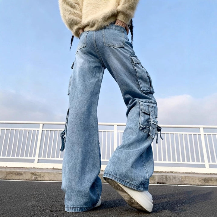 Women's Wide Cargo Jeans with Multiple Patch Pockets and Utility Details Mune Fashion