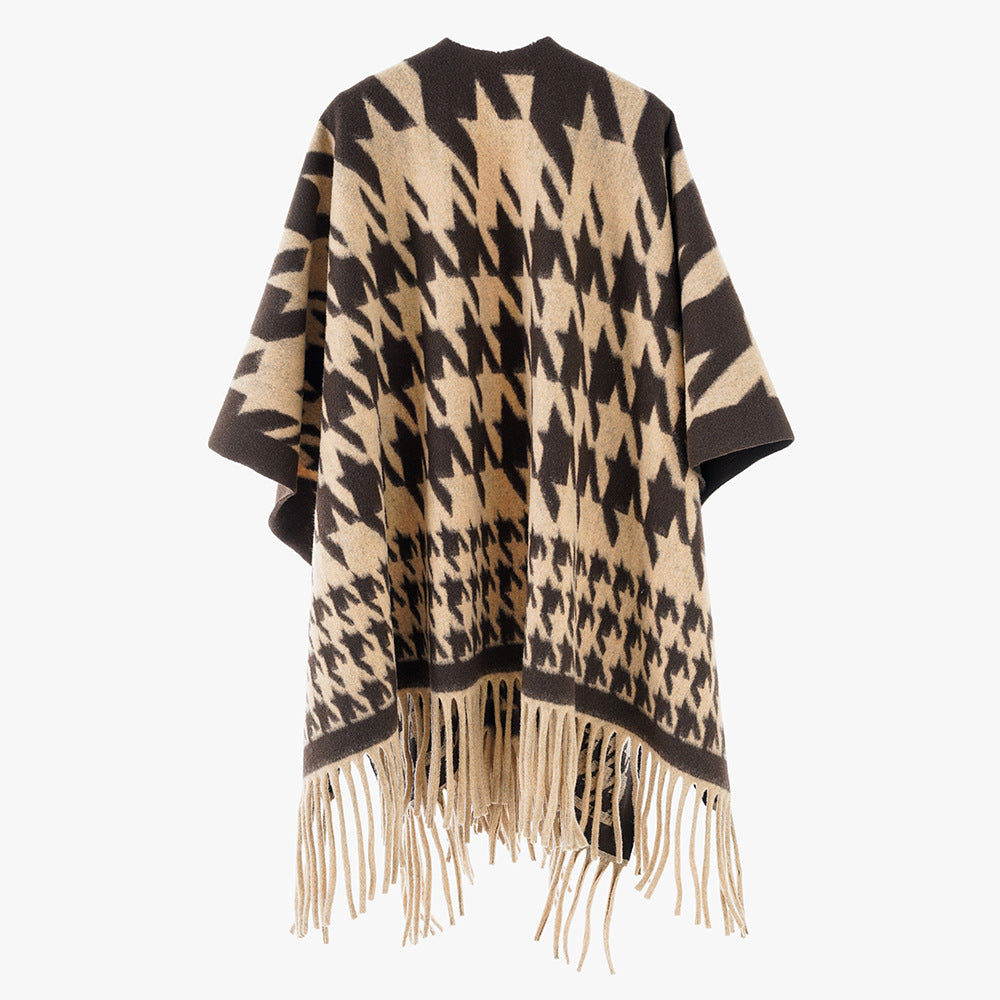 Women Wool Blend Poncho with Houndstooth Pattern and Fringe Hem Mune Fashion