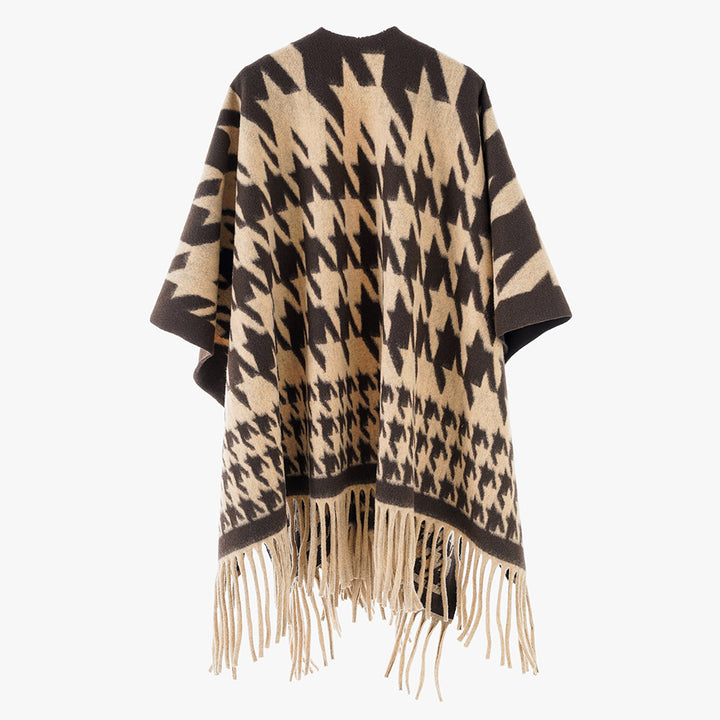 Women Wool Blend Poncho with Houndstooth Pattern and Fringe Hem Mune Fashion