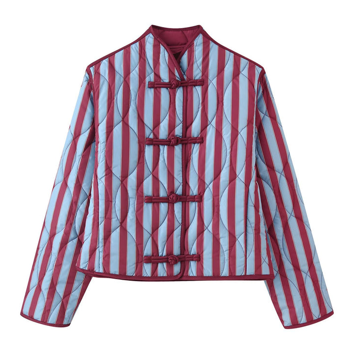 Women Padded Jacket with Stand-up Collar, Striped Quilting and Knot Closures Mune Fashion