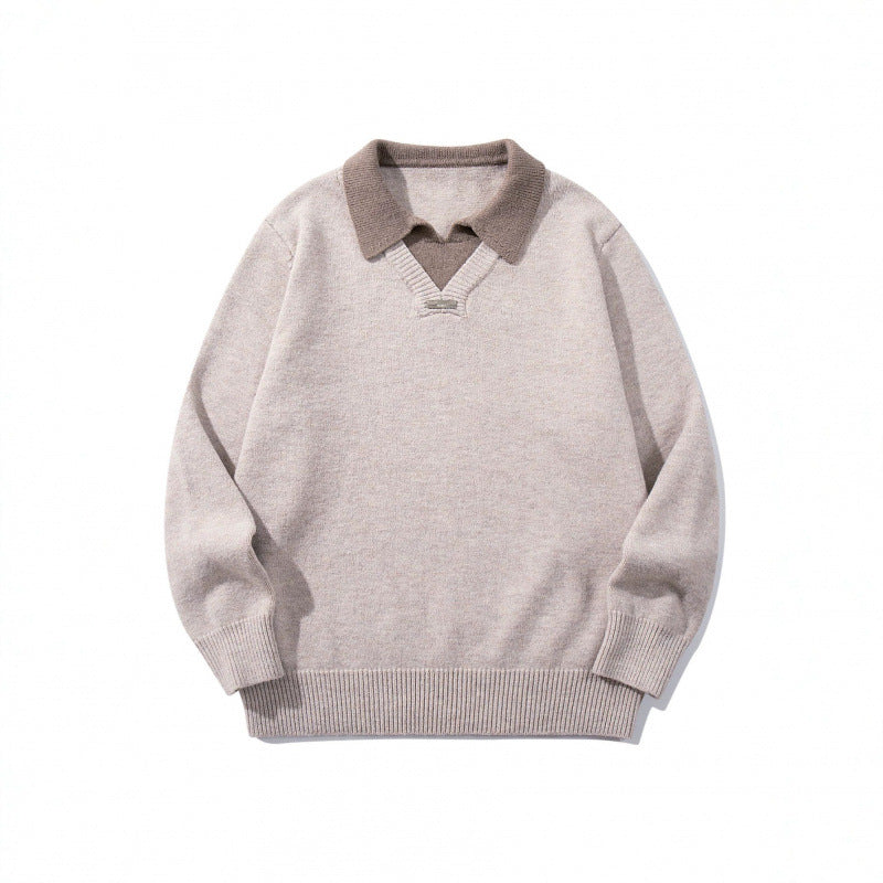 Men's Relaxed Merino-Mix Knit Sweater with Contrasting Polo Collar and V-Detail Mune Fashion