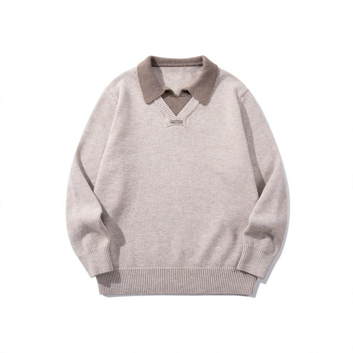 Men's Relaxed Merino-Mix Knit Sweater with Contrasting Polo Collar and V-Detail Mune Fashion