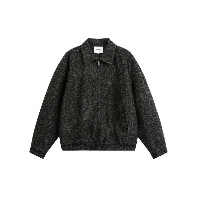 Men's Loose Boxy Jacket with Leopard Print, Full Zip and Elastic Hem Mune Fashion