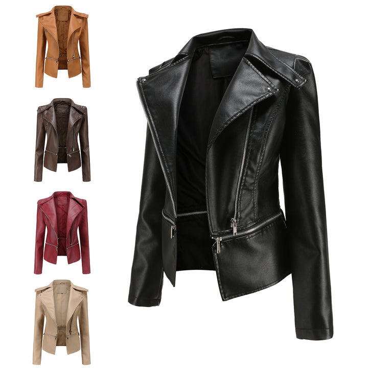 Women's fitted faux leather biker jacket with asymmetric lapel collar Mune Fashion