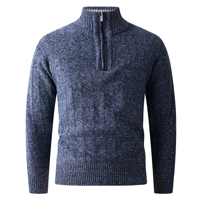 Men's fine knit half-zip pullover with high standing collar, ribbed and cable pattern Mune Fashion