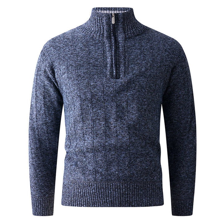 Men's fine knit half-zip pullover with high standing collar, ribbed and cable pattern Mune Fashion