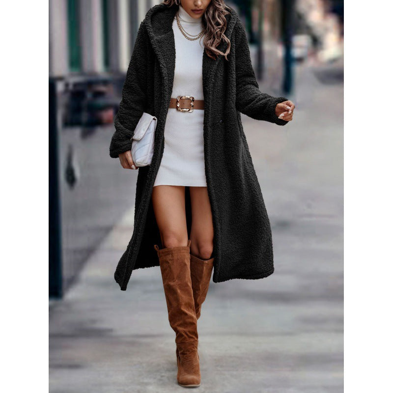 Women's Maxi Length Teddy Coat with Hood and Double Button Placket Mune Fashion
