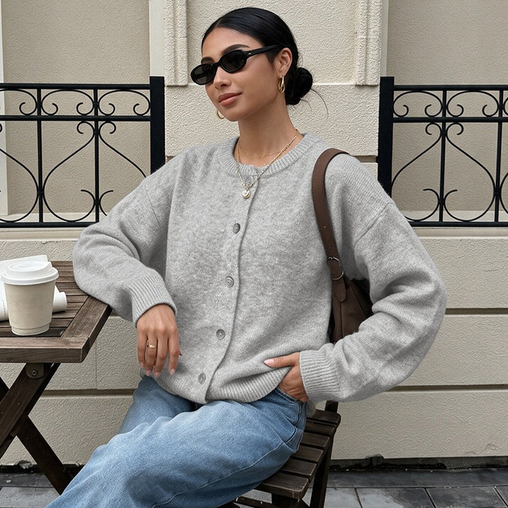 Women's Cropped Cozy Knit Cardigan with Round Neck, Pearl Button Placket, and Ribbed Finishes Mune Fashion