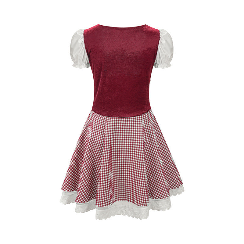 Women's Trachten dress in Vichy style with puff sleeves, lace-up corset, and lace apron Mune Fashion