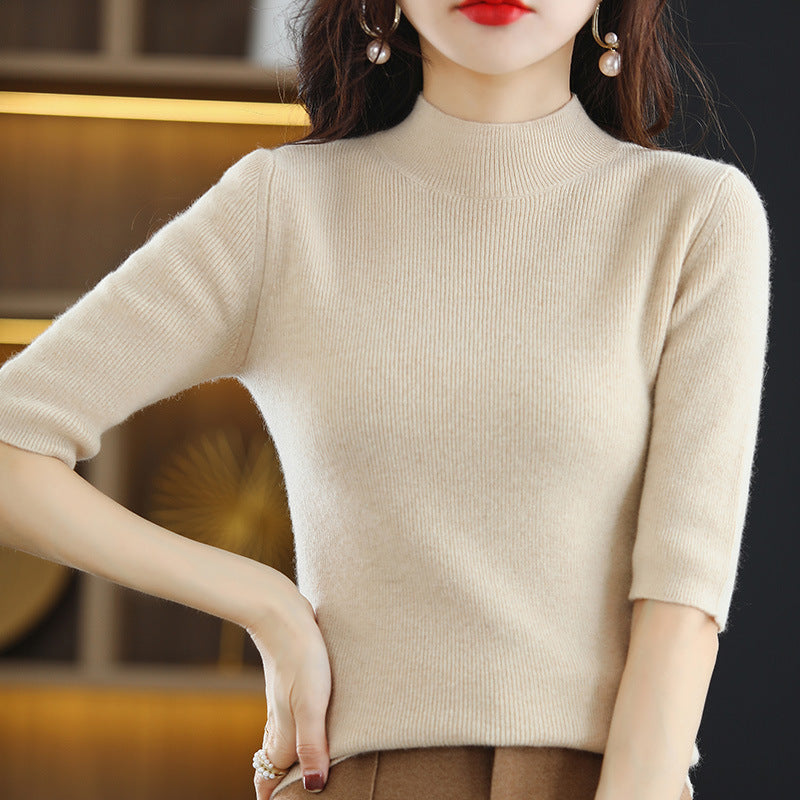 Women's Short Sleeve Fine Knit Sweater with Stand-Up Collar and Tailored Fit Mune Fashion