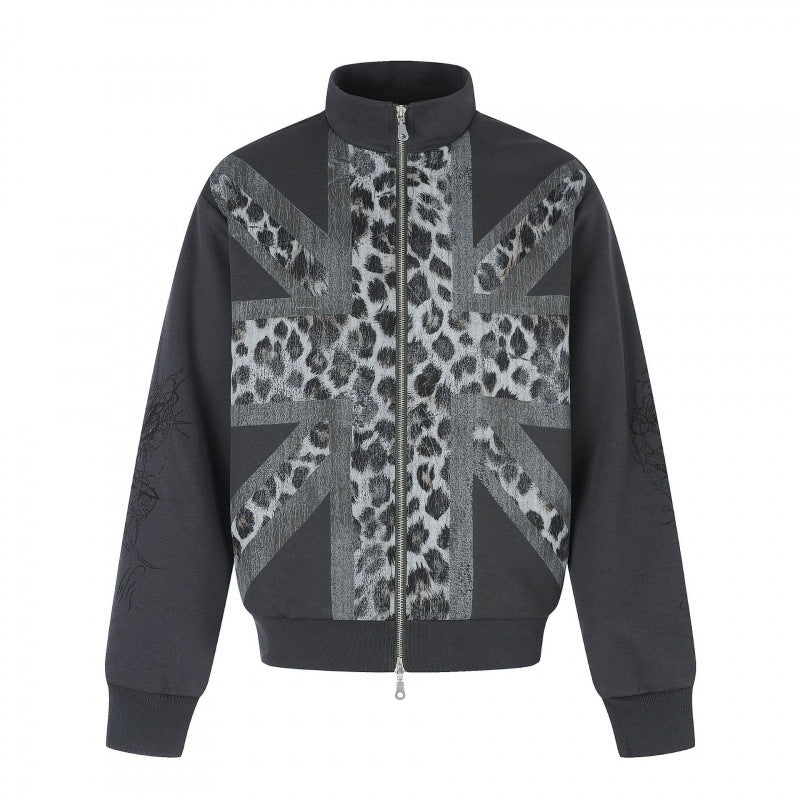Unisex Short Cut Boxy Jacket with Zipper, High Stand Collar and Leopard Union Jack Print Mune Fashion