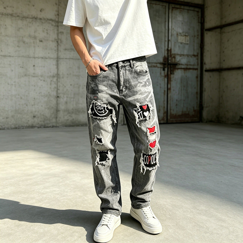 Men's Fashion Destroyed Jeans with Creative Patches Mune Fashion