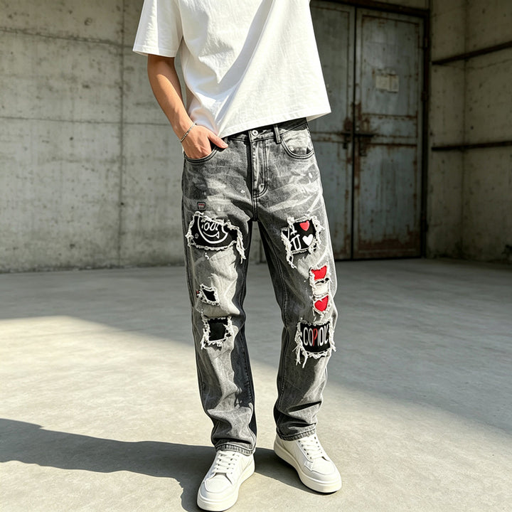 Men's Fashion Destroyed Jeans with Creative Patches Mune Fashion