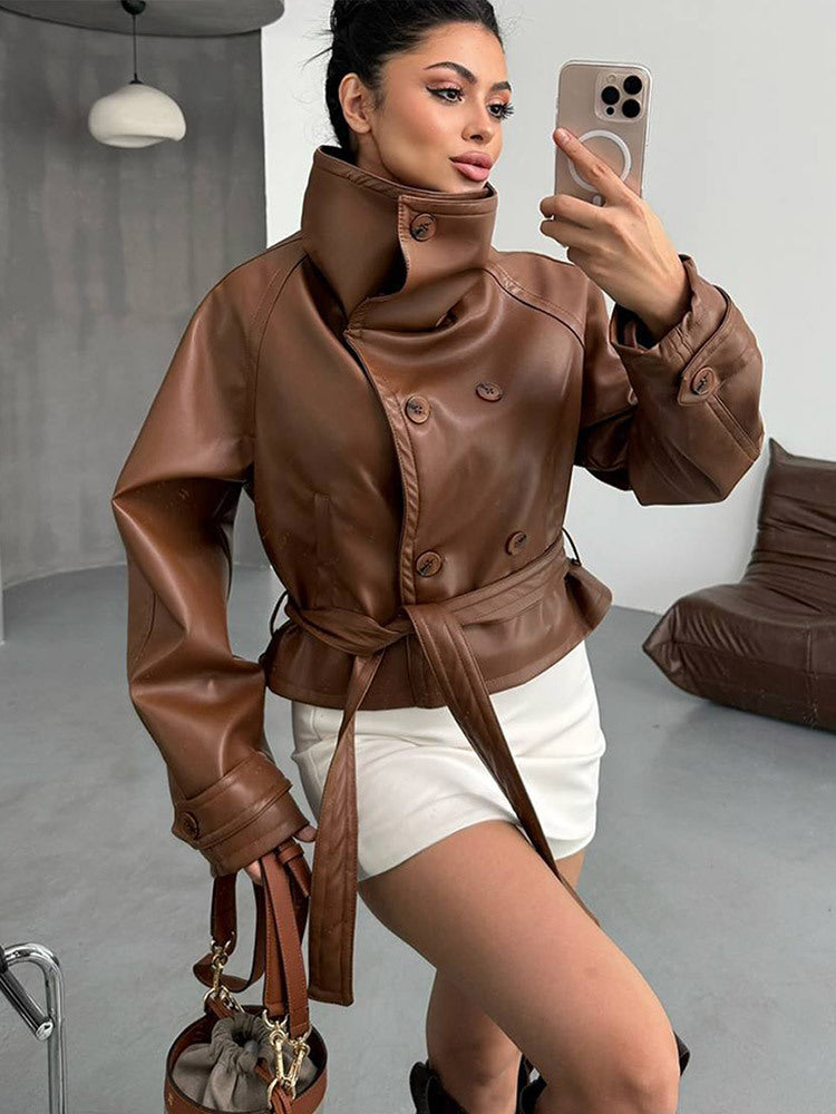 Women Tailored Short Blouson Jacket made of Imitation Leather with High Stand-up Collar and Ties Belt Mune Fashion