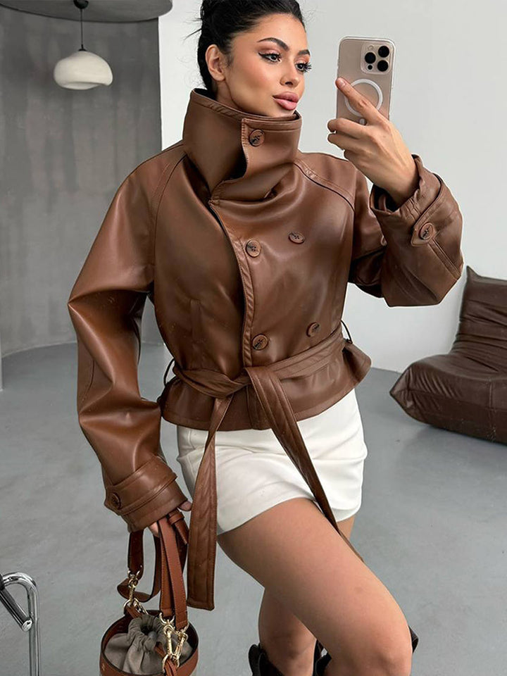 Women Tailored Short Blouson Jacket made of Imitation Leather with High Stand-up Collar and Ties Belt Mune Fashion
