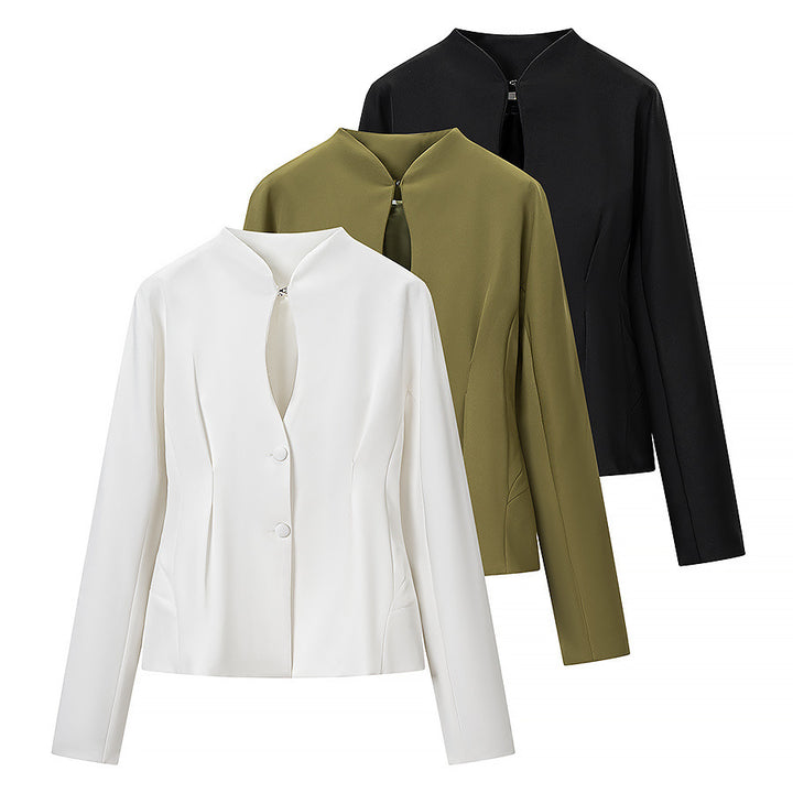 Women Tailored Short Blazer with Keyhole Collar and Tonal Decorative Buttons Mune Fashion