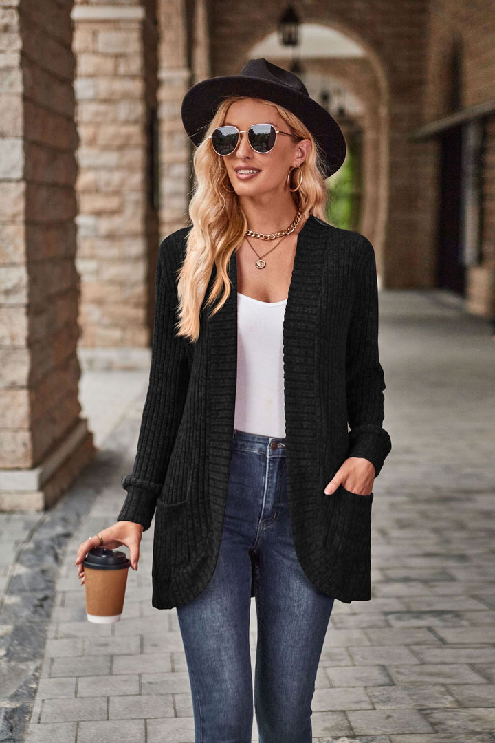 Women's longer ribbed cardigan with patch pockets and open front Mune Fashion