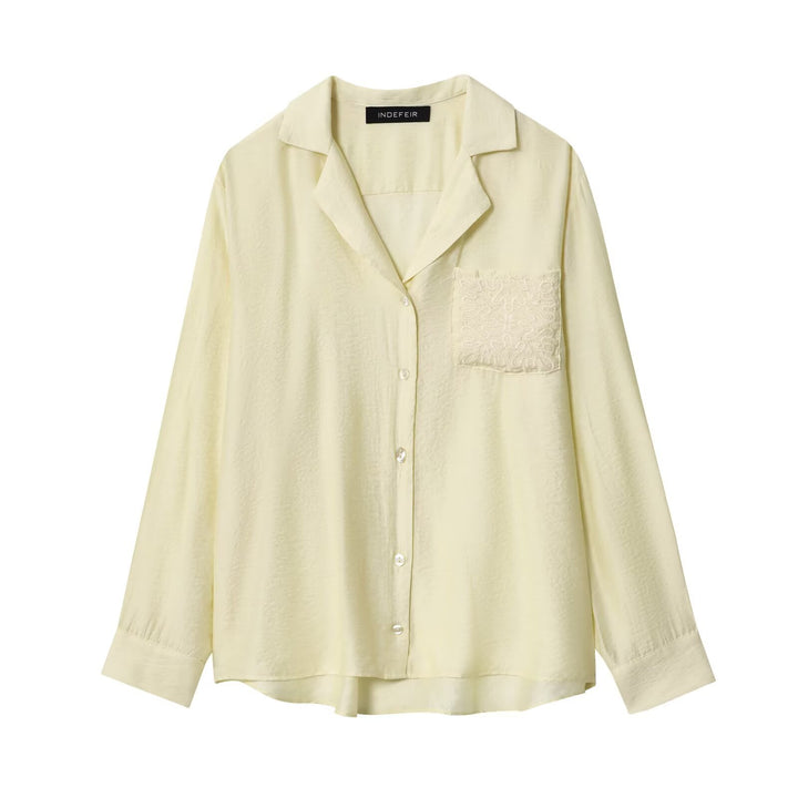 Women's Loose Satin Shirt with Notched Collar and Embroidered Chest Pocket Mune Fashion