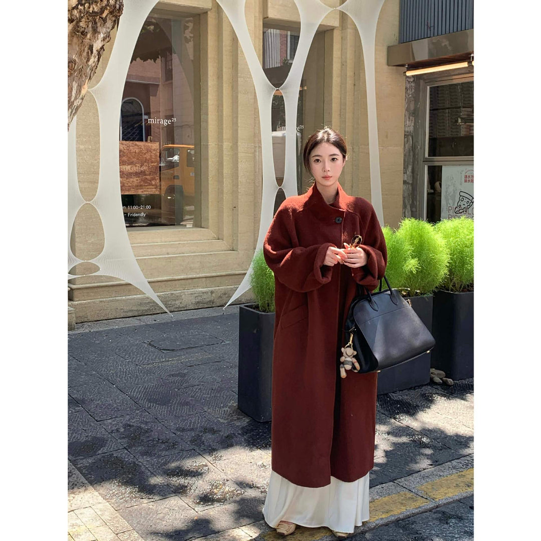 Women's Oversized Wool Coat with Stand Collar and Single-Button Closure Mune Fashion